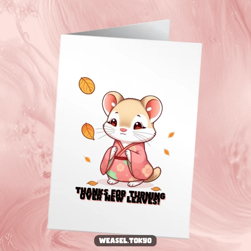 Funny Free Printable Thank You Card: Weasel dressed in a colorful kimono looking curiously at a falling leaf.