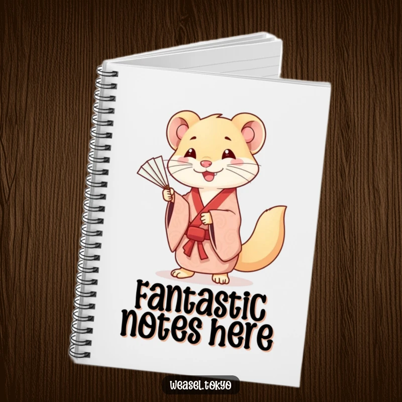 Funny notebook featuring a smiling Kawaii weasel in a patterned kimono, gracefully practicing fan movements, for notes and sketches.