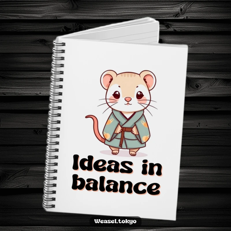 Funny Kawaii weasel in a kimono on a notebook cover, balancing a small charm, great for notes.