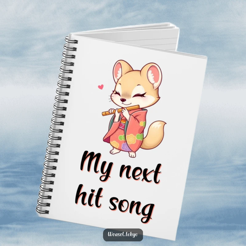 Funny weasel notebook featuring a creature in a colorful kimono energetically playing a flute, encouraging creative writing and musical notes.