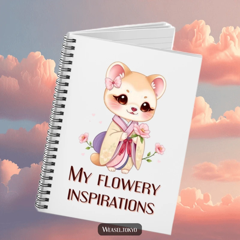Funny weasel kimono bloom notebook featuring a cute weasel in a beautiful kimono holding a delicate flower, for notes.