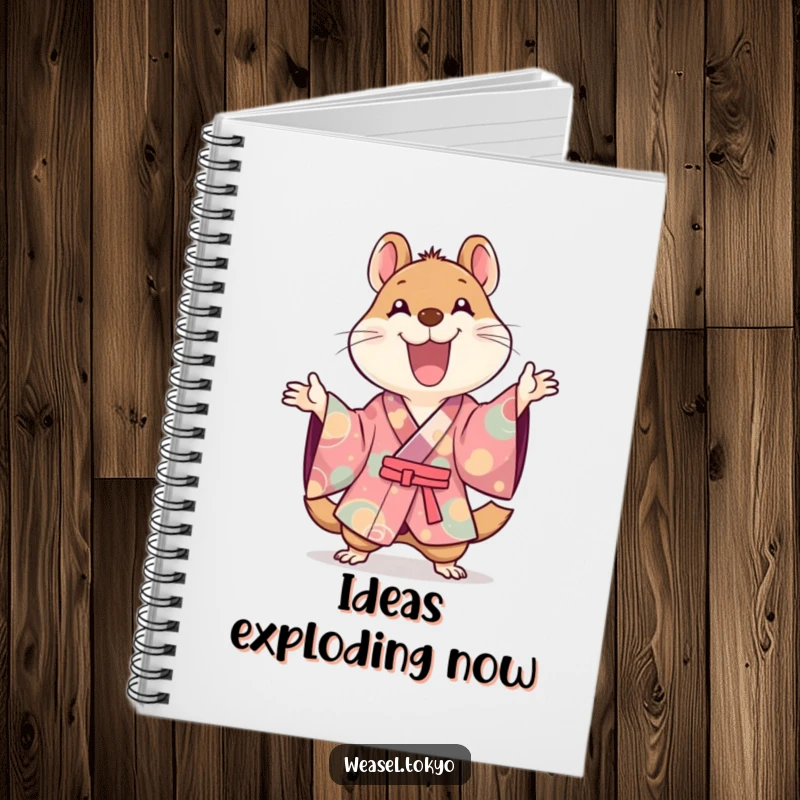 Funny Kawaii weasel in a kimono joyfully gesturing on a notebook cover, great for writers.
