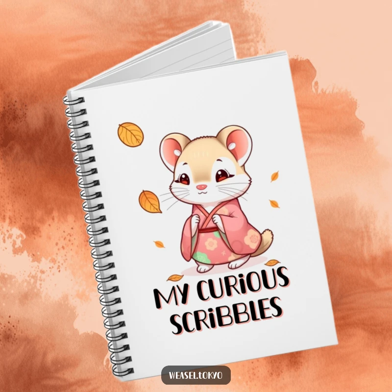 Funny weasel kimono notebook featuring a cute weasel in a colorful kimono looking curiously at a falling leaf, for notes.
