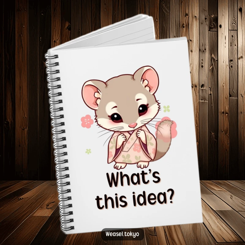 Funny Kawaii weasel in a kimono on a notebook cover, curiously examining something, great for notes.
