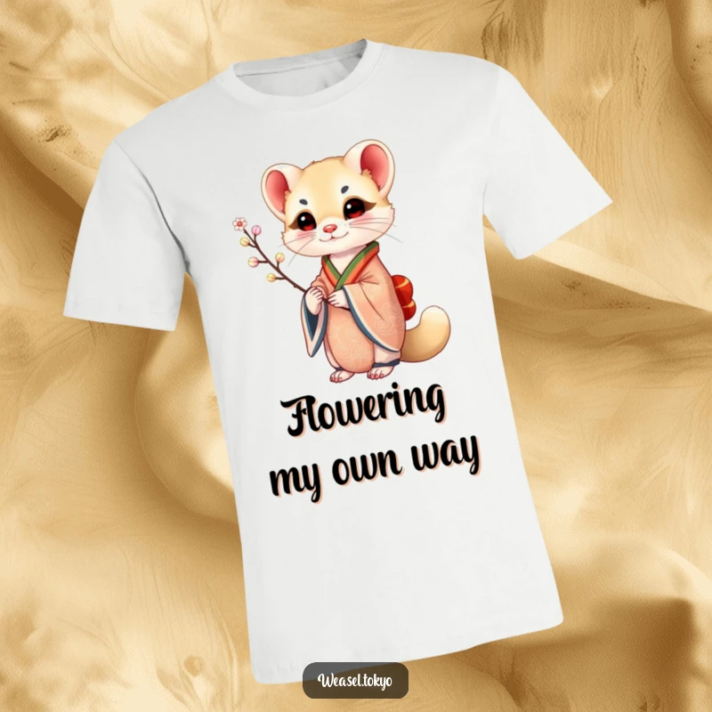 Funny Weasel T-Shirt: A weasel in an ornate kimono holds a delicate branch, offering an artistic and humorous design on this tee.