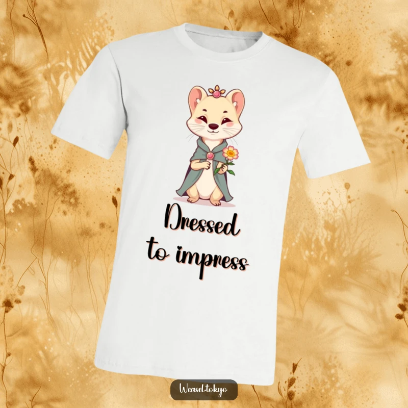 Funny T-Shirt: A sophisticated weasel in a smart outfit gracefully presents a tiny, smiling flower, embodying gentle charm and politeness.
