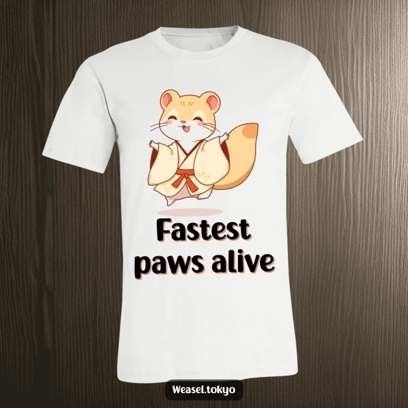 Funny T-Shirt: A jubilant weasel gracefully performs a dynamic flourish in a vibrant, flowing kimono, embodying pure happiness and movement.