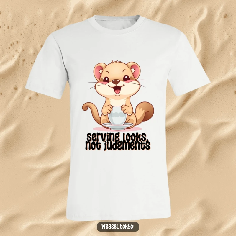 Funny Weasel T-Shirt: A delighted weasel hilariously pretends to serve tea, making this shirt a humorous and charming statement.