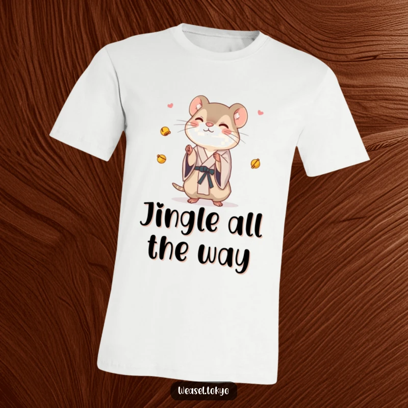 Funny Weasel T-Shirt: A weasel wearing a simple kimono playfully juggles tiny bells, creating a humorous and eye-catching design.