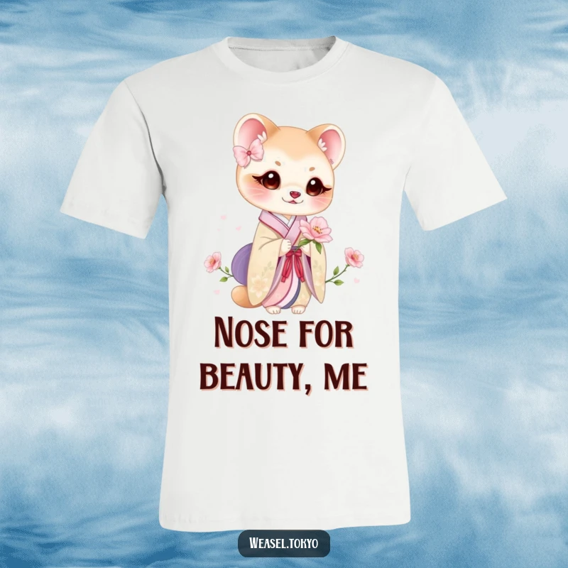 Funny weasel t-shirt with a cute weasel in a beautiful kimono holding a delicate flower, exuding floral charm.
