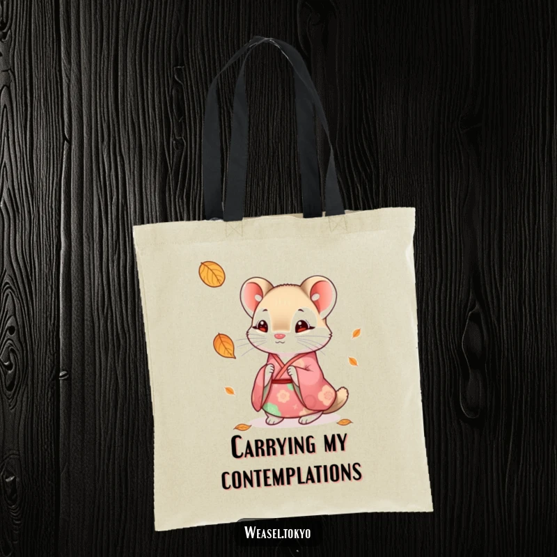 Funny weasel kimono tote bag showing a cute weasel in traditional attire looking curiously at a falling leaf, great for shopping.