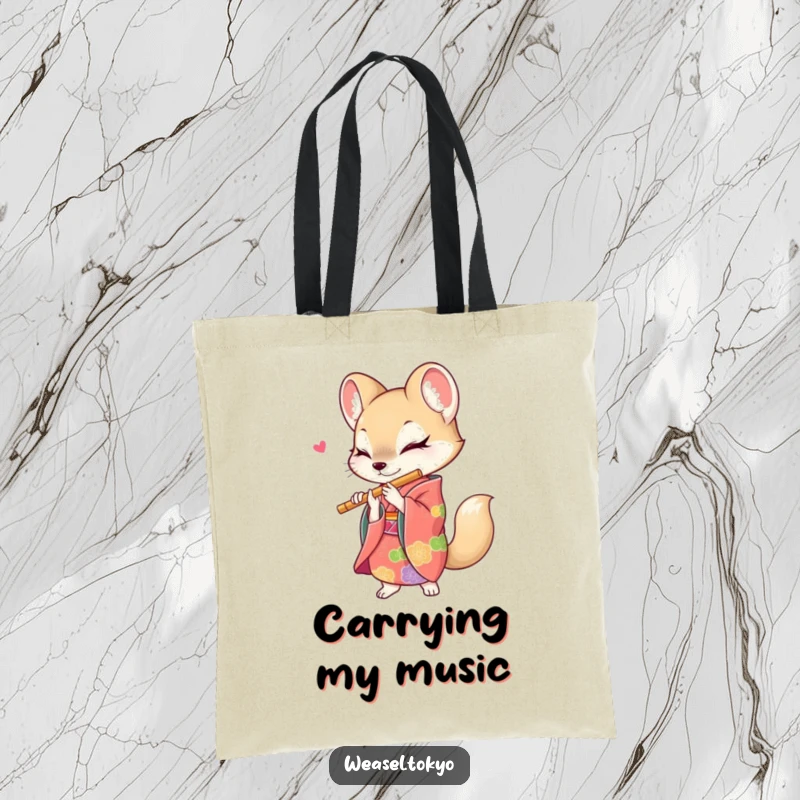 Funny weasel tote bag featuring a creature in a colorful kimono energetically playing a flute, perfect for carrying music gear and essentials.