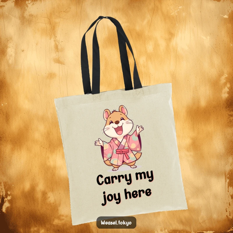 Funny Kawaii weasel in a kimono making a big, joyful gesture while holding a tote bag, fun gift.