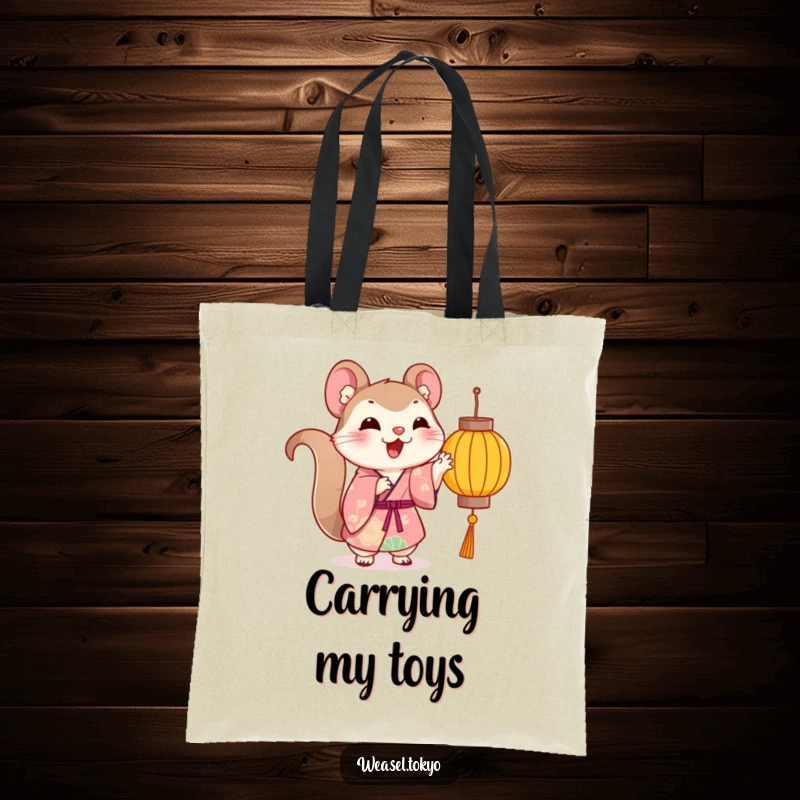 Funny Kawaii weasel in a kimono tote bag playfully reaching for a lantern, fun gift.