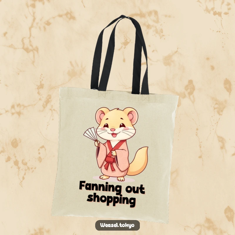 Funny tote bag with a smiling Kawaii weasel in a patterned kimono, gracefully practicing fan movements, stylish and functional.