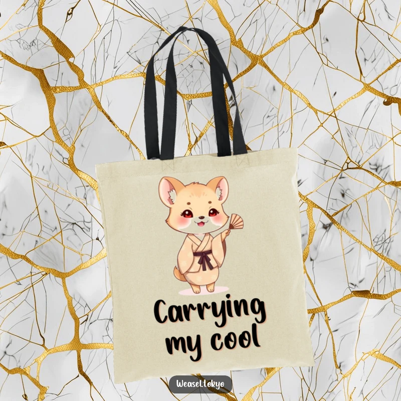 Funny weasel tote bag featuring a creature in a patterned kimono cheerfully waving a small fan, perfect for carrying items with style.