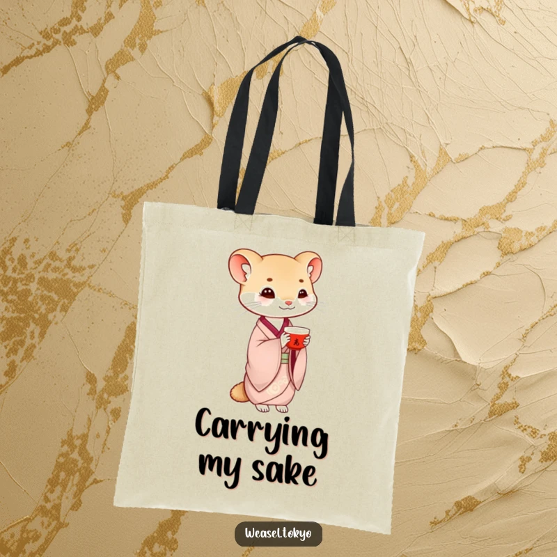 Funny weasel tote bag featuring a creature in traditional kimono gracefully balancing a saké cup, perfect for carrying essentials with elegance.