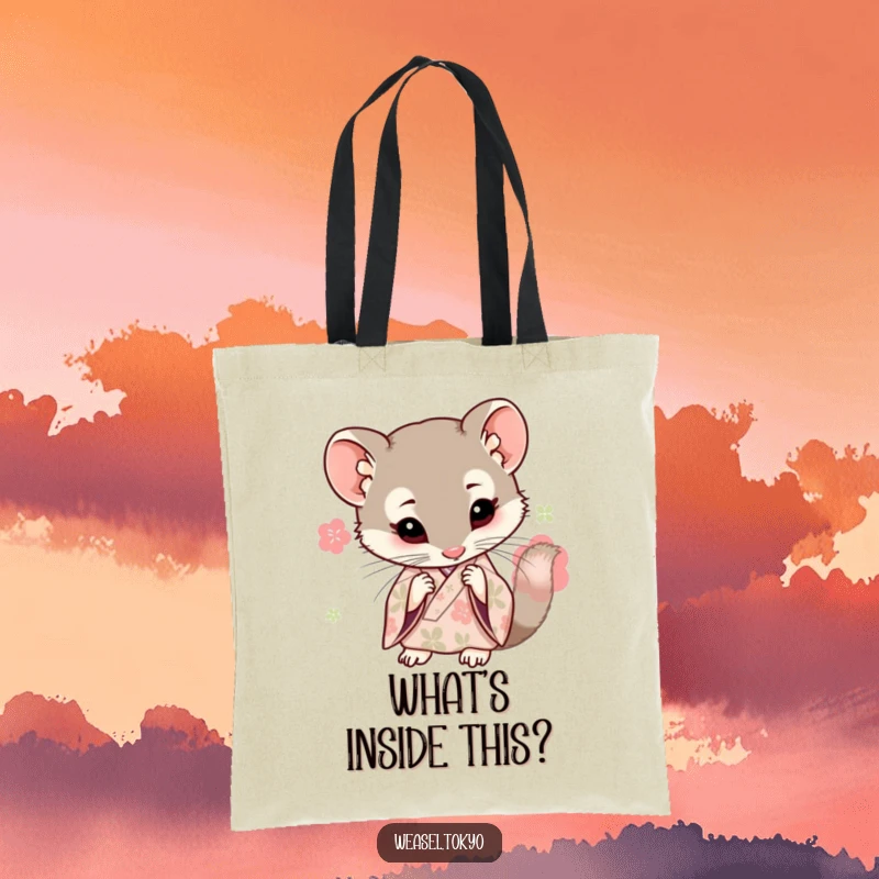 Funny Kawaii weasel in a kimono tote bag is curiously examining a tiny detail, fun gift.
